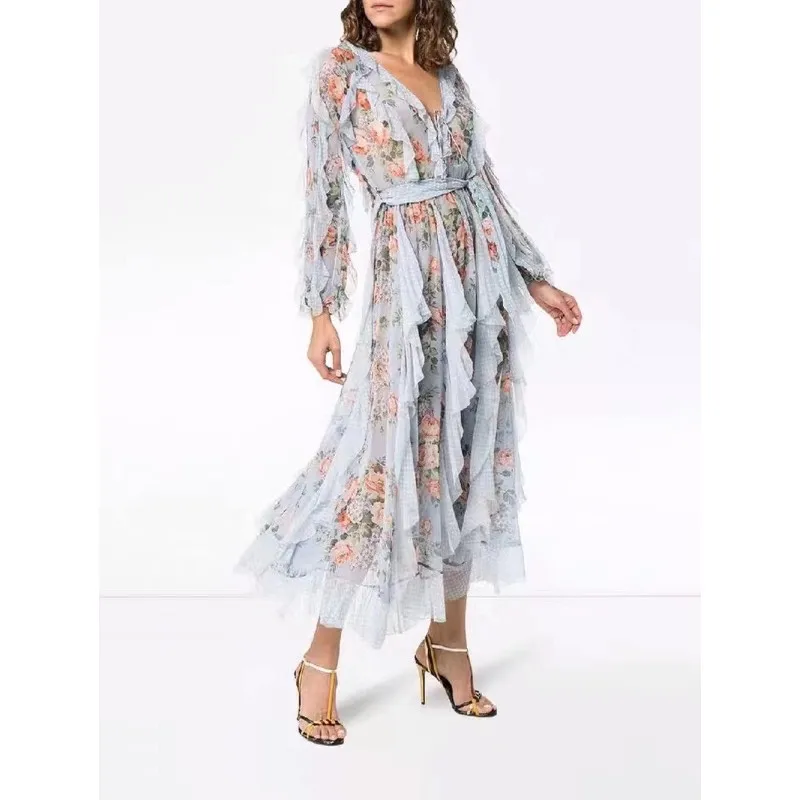 

EXCOSMIC Women's Beach Party Deep V-Neck Dress Bohemian Print Dresses Lace Patchwork Tiered Ruffles Elegant Long Runway Dresses