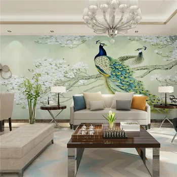 

Modern art painting Chinese living room bedroom TV backdrop bird Peacock Magnolia large mural wallpaper photo wallpaper