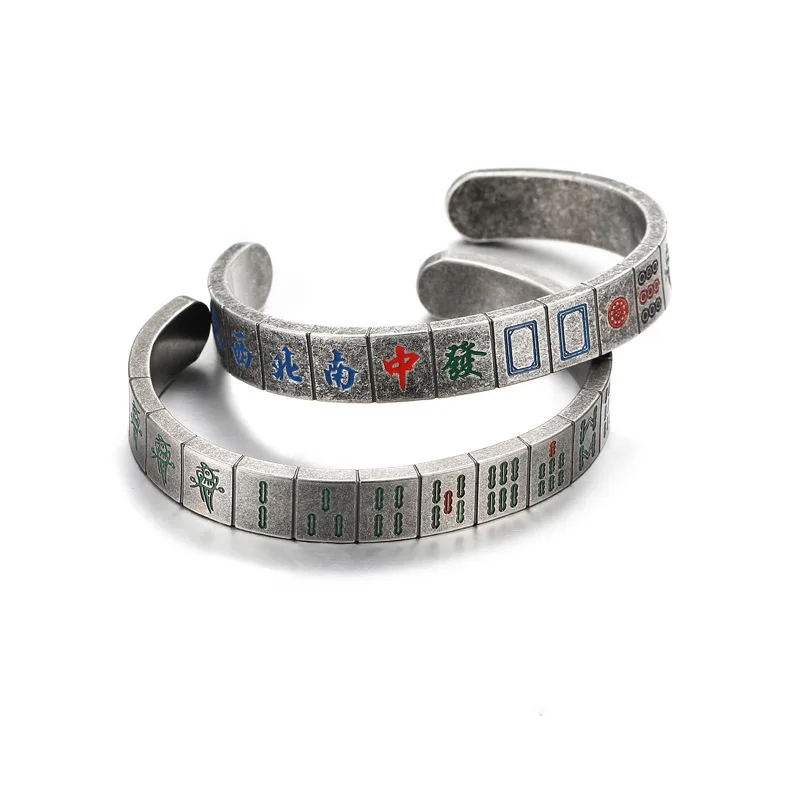 

New Arrival Retro Chinese Style Stainless Steel Mahjong Bracelet Men Vintage Cuff Open Bracelets Bangles Wide pulseira masculina