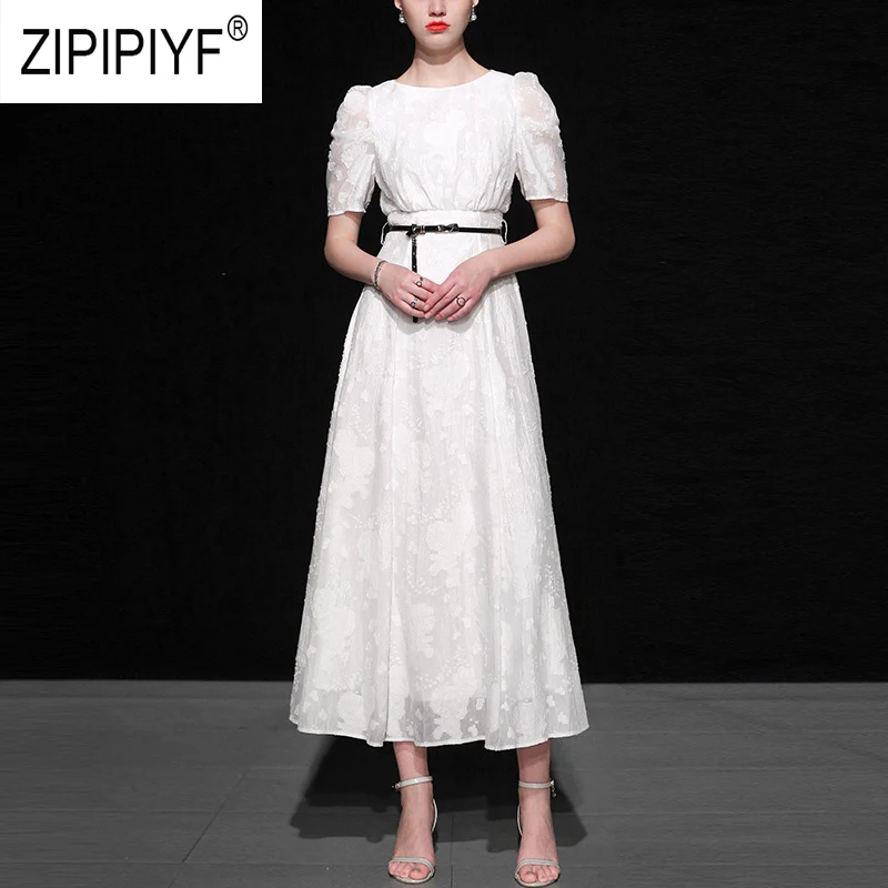 

Fashion Women 2019 Summer Dresses O Neck High Waist Short Sleeve Ball Gown Long Dresses White Evening Casual Chic Dresses Z1139