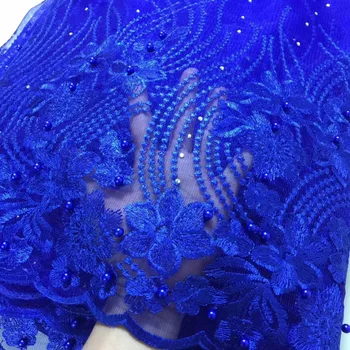 

Royal Blue African Mesh Lace Fabric 2018 High Quality Embroidered Nigerian Guipure Laces Fabric With Beads Stones For Women