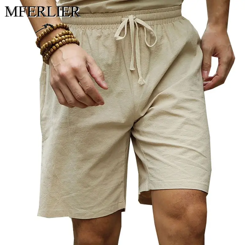 MFERLIER Men shorts cotton linen 4XL 5XL 6XL large size Summer Knee