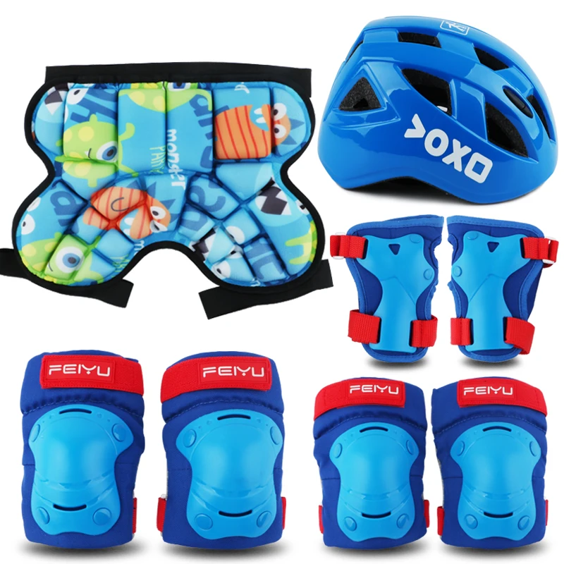 Детский защитный шлем для катания на роликах, катания на коньках, езды на велосипеде, детский шлем для скейтборда, велосипедный шлем, наколенник, набедренный коврик, 4-8 шт. в комплекте - Цвет: 8PCS Blue