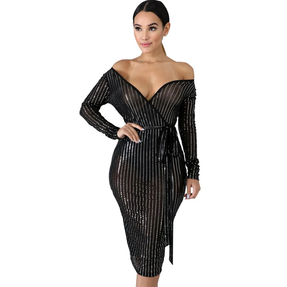 

New Women Dress Sexy Dark V-neck Sequin Mesh Long Sleeve See-through Belt Bodycon Split Club Party Dresses Vestidos 2019 Summer