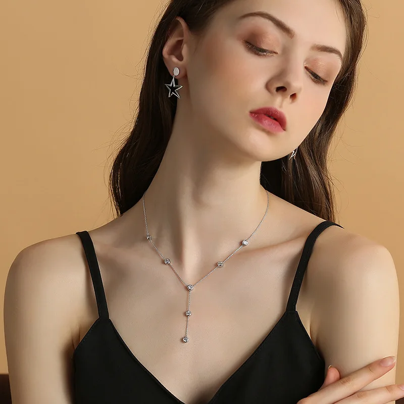 

INALIS Long Chain Necklace Round Clear CZ Crystal 925 Sterling Silver Pendant for Women Wedding Party Fine Jewelry Collar Bijoux
