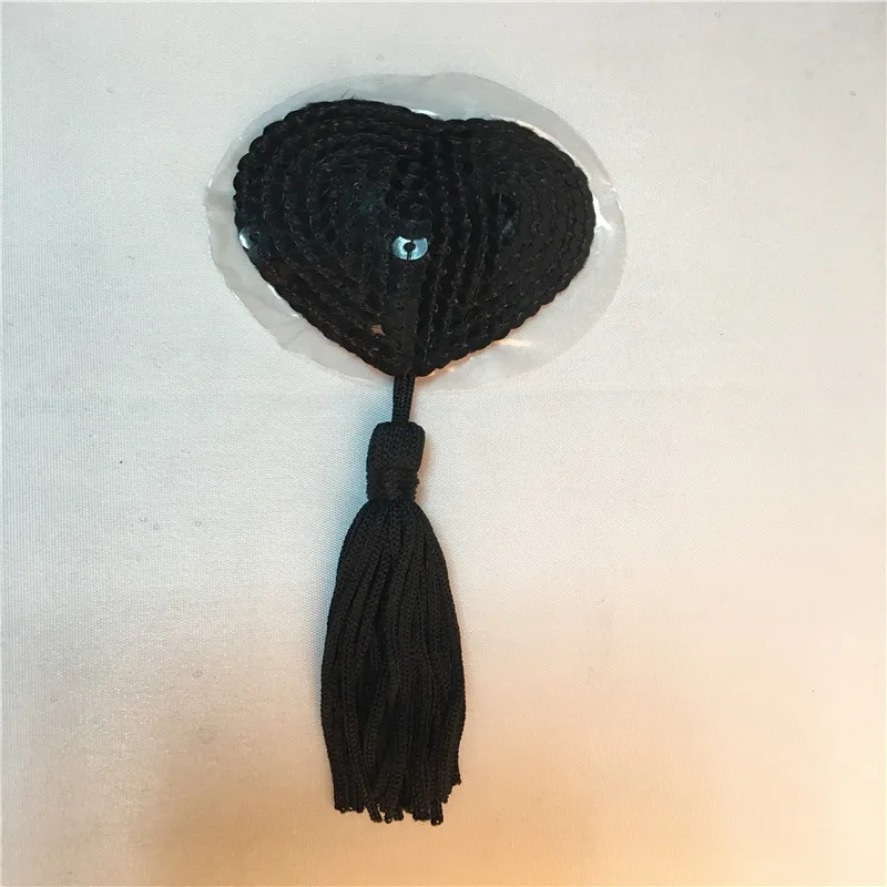 Сексуальные Sequin Tassel Heart-shaped self-липкие накладки на соски/Sequin нагрудные страсти - Цвет: Black