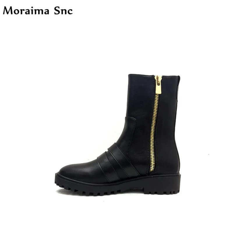 

Moraima Snc fashion women boots Golden buckle Decoration Round toe side zipper handmade med-heel platform riding boots