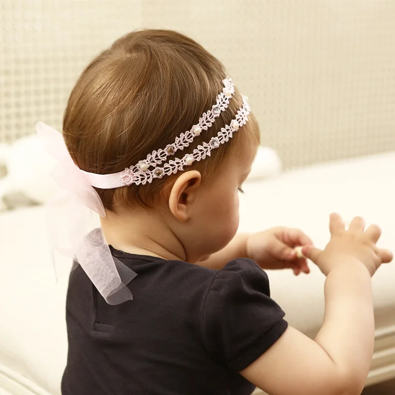 

New Girls Headband Rhinestone Flower Lace Ribbon Bow Girl Elastic Headbands Kids Hair Accessories Infantil Princess Headwear