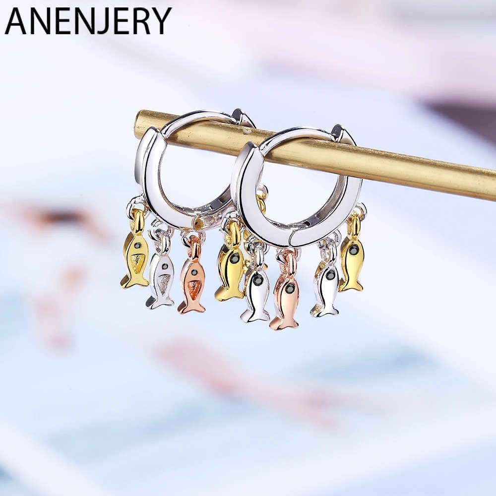ANENJERY 925 пробы серебро Ins милый рыбы кольцо с кисточкой серьги для Для женщин