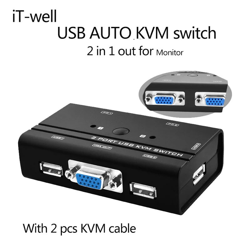 iT well KVM Switch 2 Port AUTO VGA switch with USB Console