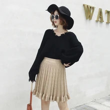 Зимняя юбка для женщин в Корейском стиле Винтажная с высокой талией А-образная трикотажная юбка-свитер плиссированная короткая юбка черный хаки серый B294