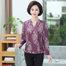 Весна Осень Женские топы с цветочным принтом для женщин средних лет v-образный вырез с длинными рукавами футболка плюс размер 4XL модный Свободный пуловер