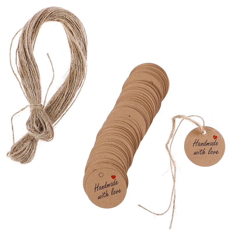 

100Pcs Handmade with Love Labels Hang Tags Blank Kraft Paper with 20m String Tag Labels Party Favors Gift