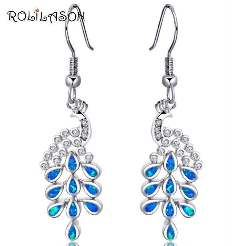 ROLILASON The new peacock design is for ladies wedding gift blue Fire Opal Silver Drop Earrings Fashion Jewelry OE703 | Украшения и