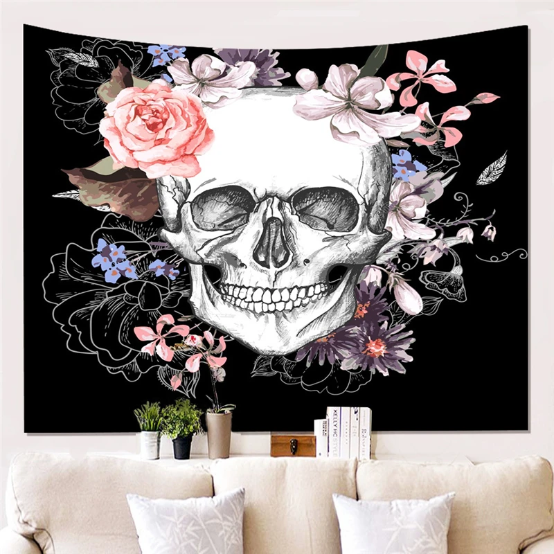 

Sugar Skull Printed Tapestry Fabric Wall Hanging Floral Bed Sheet Black Modern Bedclothes Beach yoga Mats Bedspreads Beach Towel