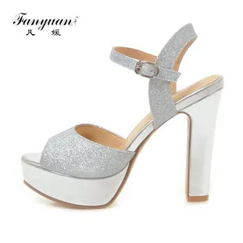 

Fanyuan Women Sandals Glitter Elegant Square Heel Sandals Women Platform Shoes Open Toe Concise Roman Sandals zapatos mujer