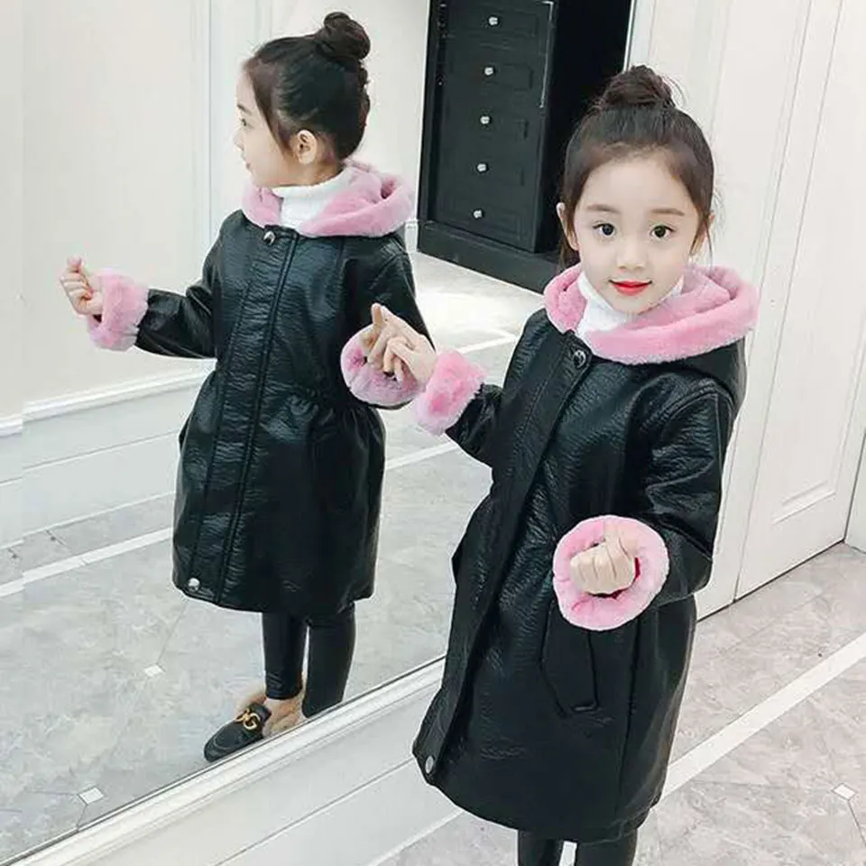 

Long Style Children Girls Coats Hooded Fur Collar Thick Winter Kids Outerwear 3 Colors Soft Cute Snowsuit Baby Girls Clothes