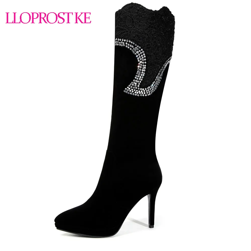 

Lloprost ke Winter Pointed Toe High Heels Rhinestone Boots Black Knee High Boots Sexy Party Female Shoes Woman Size 33-43 D320