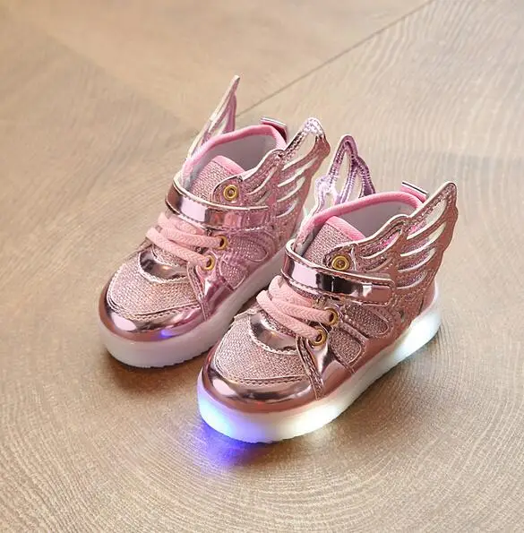 Горячая Распродажа, детская обувь со светодиодный светильник, Европейская мода, светильник ing, Детские кроссовки с крыльями, ботинки для девочек, размер 21-30 - Цвет: Розовый
