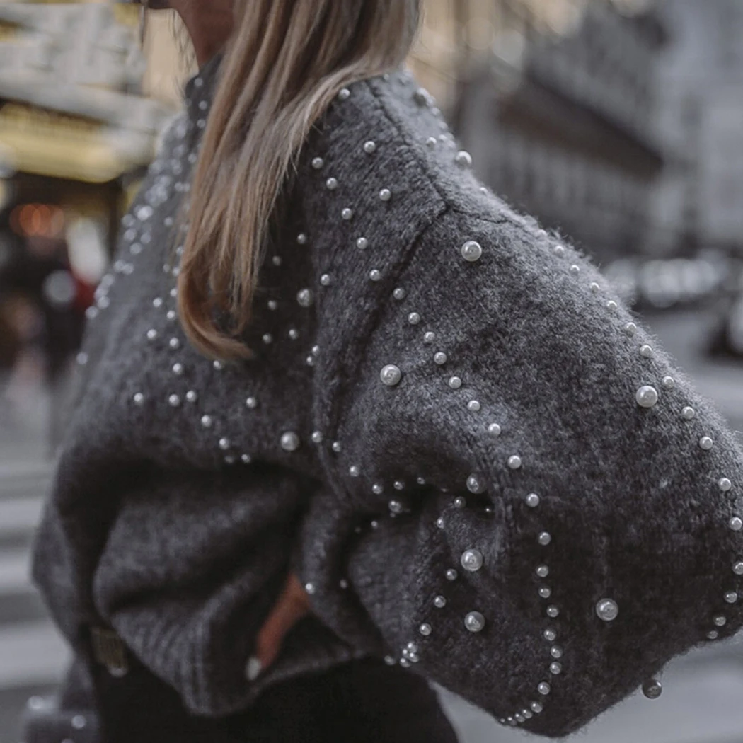Зимний вязаный женский свитер с жемчужинами и бусинами, водолазка, теплый джемпер, женский свободный серый свитер с рукавами-фонариками, пуловер