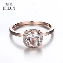 HELON Solid 14K Rose Gold 6mm Cushion Genuine Morganite Pave Natural Diamonds Jewelry Engagement Wedding Gemstone Women Ring