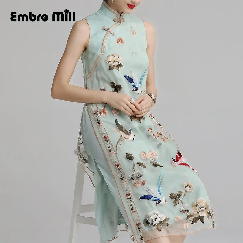 Высококачественное летнее женское ретро платье cheongsam улучшенная версия шелковое узкое платье с цветочной вышивкой без рукавов модное женское платье S-XXL