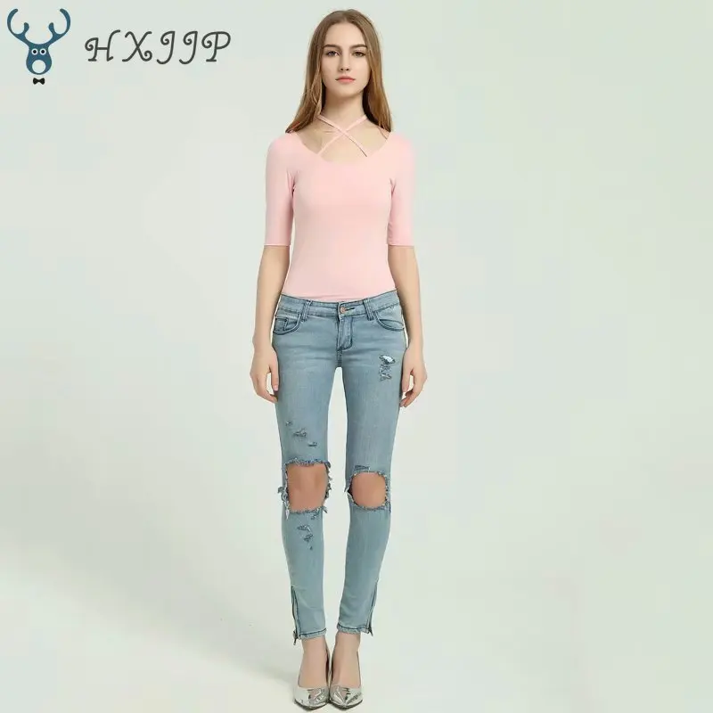 

Summer 2019 Pure Colo 100 Sets Double Round Collars Two Cross-strapped Half-sleeve T-shirts Slim Bottom Tops