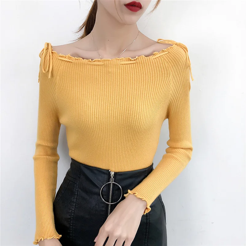 Sexy Lace Up Slash Neck Sweater Women 2018 Autumn Winter Knitted Pullover Casual slim Bottoming Fashion Long Sleeved Female tops