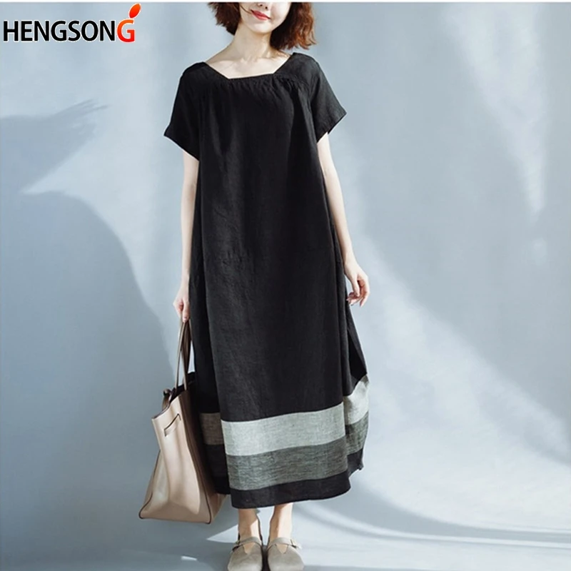 Big Size Casual Loose Dress Literary Cotton And Linen Color Block Long Female 2019 Summer Beach Dress Women's Clothing Dress