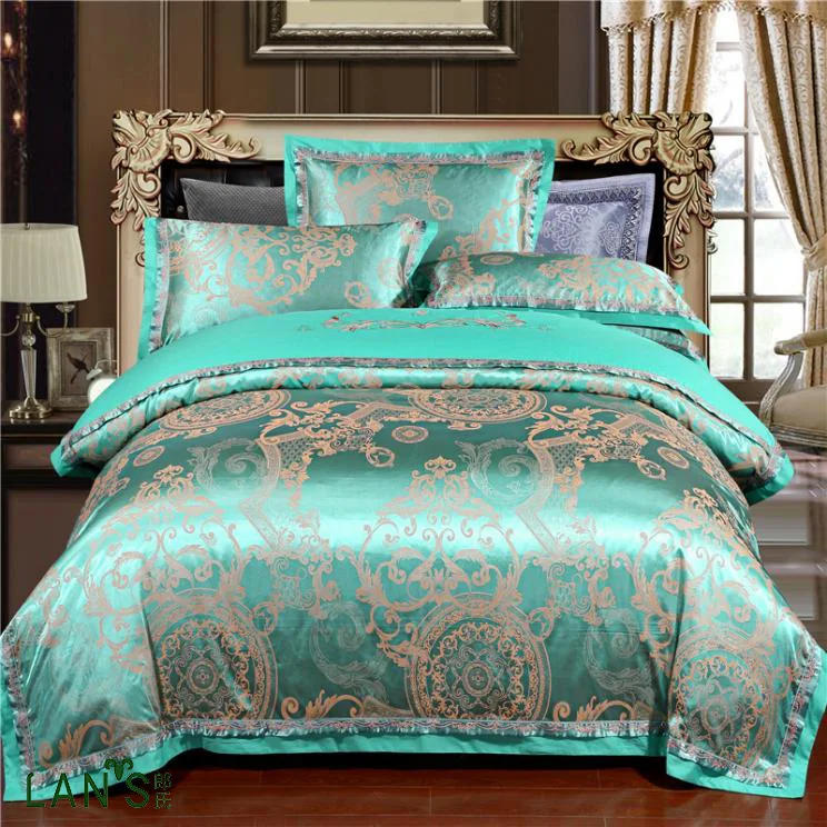 2018 Sparkling Teal/Silver Jacquard 4pcs Bedding Sets 100cotton