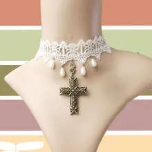 Принцесса сладкое ожерелье Лолиты винтажная Классическая Лолита Белое кружево невесты крест жемчуг падение аксессуары воротник-обманка ожерелье JL-63