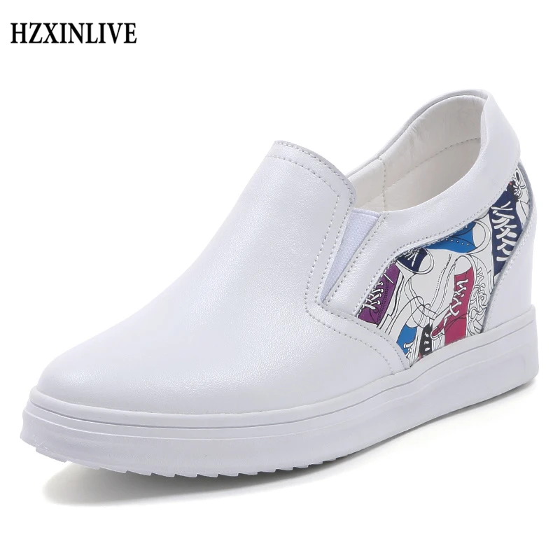 

HZXINLIVE 2018 Autumn Women's Casual Shoes New Increased Height Flats Slip-on Print Ladies Vulcanized Shoes Comfortable Soft