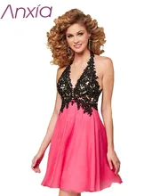 Kurze Abendkleid 2016 Anxia Sexy Tiefem V-ausschnitt Rosa Open Back Chiffon Robe De Soiree Courte Halter Homecoming Party Kleider