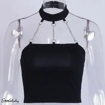 

Women Backless Buckle Crop Top Summer Shirt Sexy Solid Punk Style Metal Choker Halter Neck Crop Top Sleeveless Ladies Cami