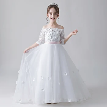 

Boat-Neck White Lace Ball Gown Flower Girl Dress for Wedding Lace-up First Communion Prom Dresses For Girls