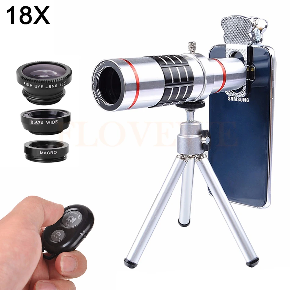 

All in 1 18X Telephoto Zoom Lens Fisheye Wide Angle Macro lenses Telescope With Clip Tripod For Smartphone Cell Phone Lentes Kit