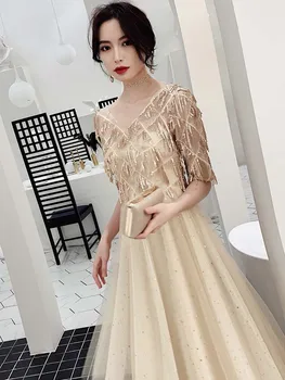 

Elegant Appliques Golden A-Line Evening Dress 2018 New Illusion O-Neck Special Occasion Dress Prom Dress robe de soiree