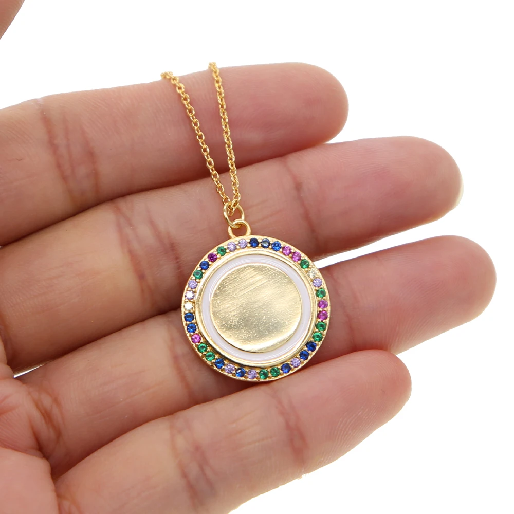 

2019 Rainbow cz multi colors rainbow round disc coin statement necklace gold color fashion women charm wedding jewelry