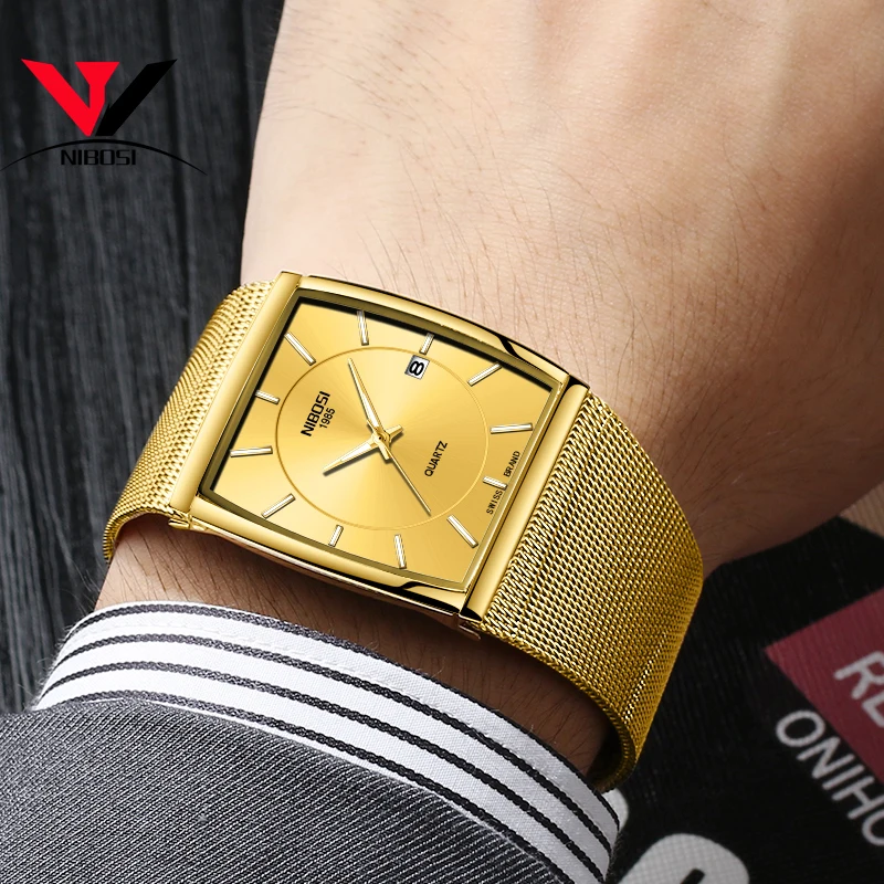 Best NIBOSI Golden Quartz Watch Men Watches relogio masculino Top Luxury Gold Bracelet Wrist Watches Steel Waterproof Male Clock