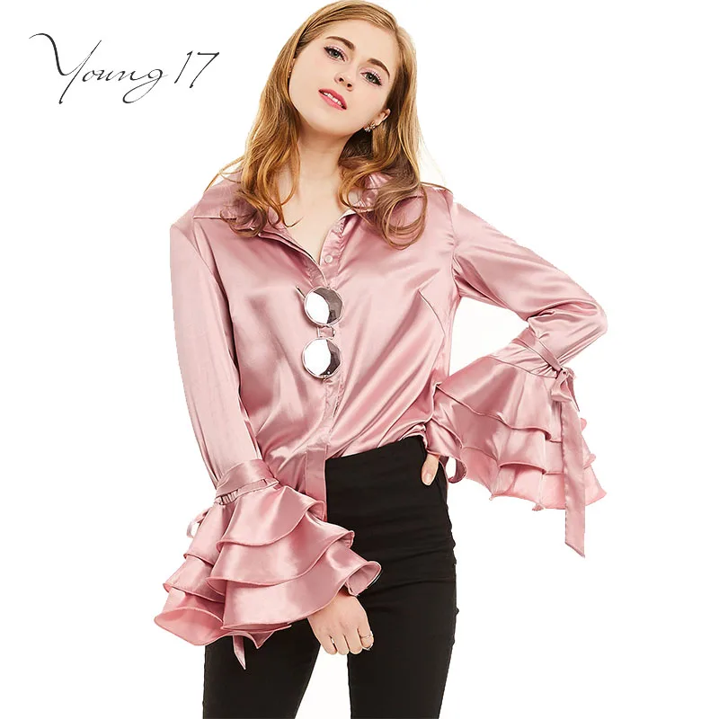 Young17 Spring Fall Women Turn Down Collar Shirts Ladies Satin Casual Top Female Pink Flare Sleeve