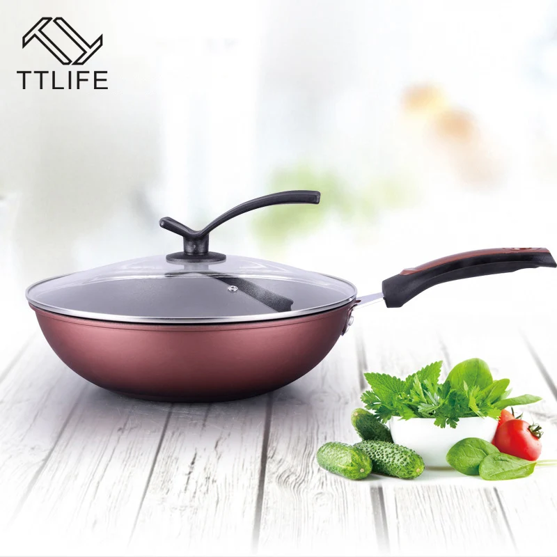 Image TTLIFEHigh Quality  32cm 34cm Non stick Layer Pan Deep Wok Frying Pan Flat Bottom Cookware Use for Gas and Induction Cooker