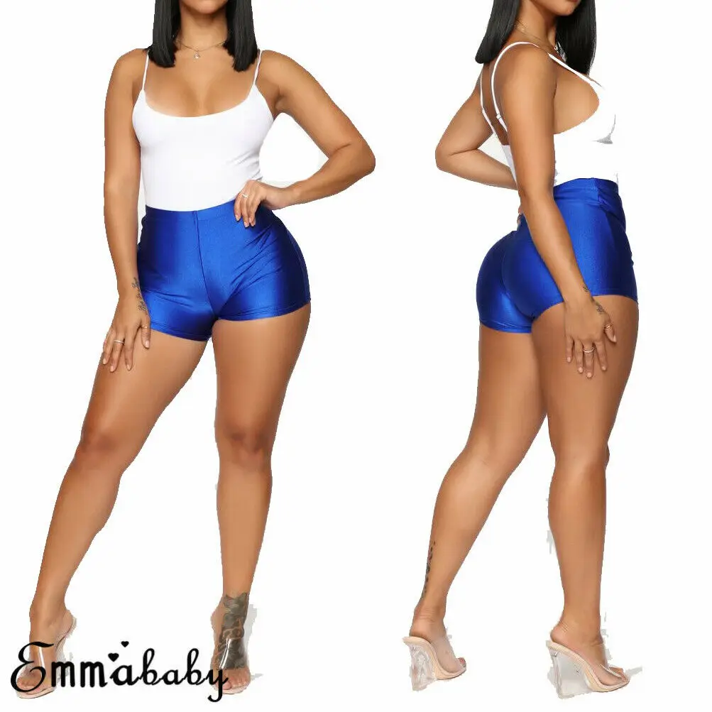 Women Casual High Elastic Waist Tight Fitness Slim Skinny Dancing Shorts Solid Color Exercise Shorts For Female Girls Teenager - Color: Blue