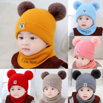 

Dual Pom Poms Ball Knitted Baby Caps Boys Girls Toddler Crochet Beanie Hairball Ear Baby Hat Cute Child Caps Winter Hat For Kids