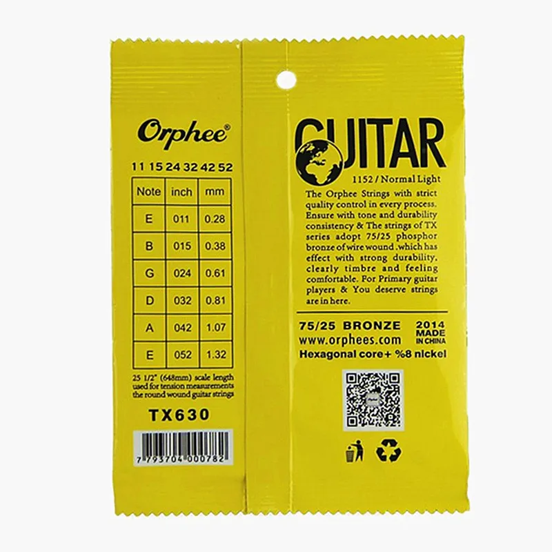 Orphee TX 011-052 Acoustic Guitar Strings Hexagonal Core + 8% Nickel Bronze Bright Tone Extra Light Musical Instrument Accessories
