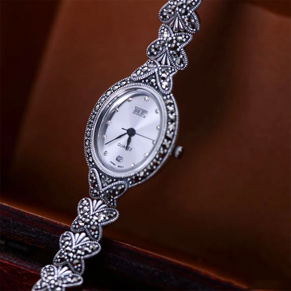MetJakt ручной работы бабочка ремешок для часов Винтаж циркон браслет часы Твердые 925 пробы Серебряный браслет для женщин ювелирные изделия