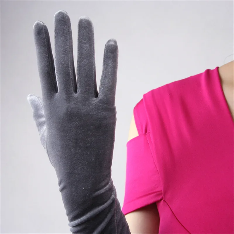 Black Silvery Velvet Gloves Female 40cm Long Vintage Evening vestido Elasticity Fashion Elegant Women Mittens For Party TB24-1