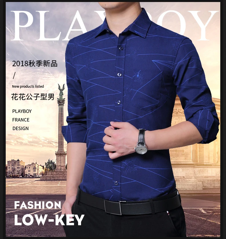 PLAYBOY новая рубашка мужская клетчатая без кармана Мужская одежда Slim Fit Мужская рубашка с длинными рукавами мужская повседневная мужская рубашка соцразмер Social