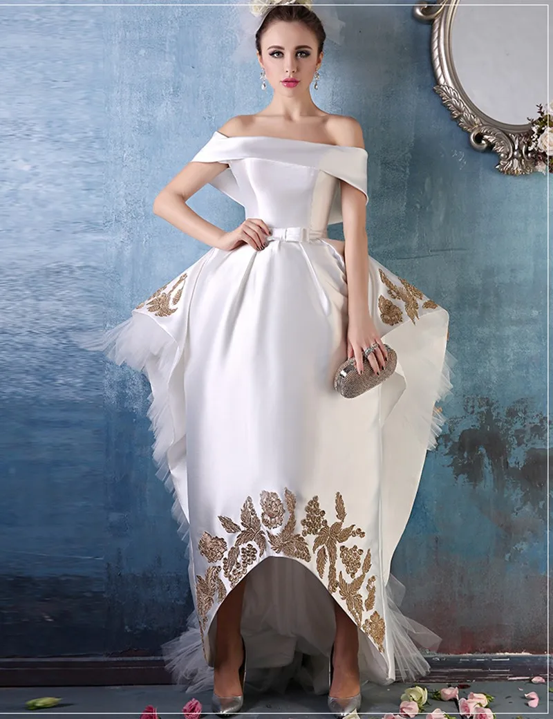 2016 Gold Floral Lace Hi Lo Prom Dresses With Bateau Neck Off the Shoulder Puffy Skirt  Vestidos De Baile Cheap Online For Sale