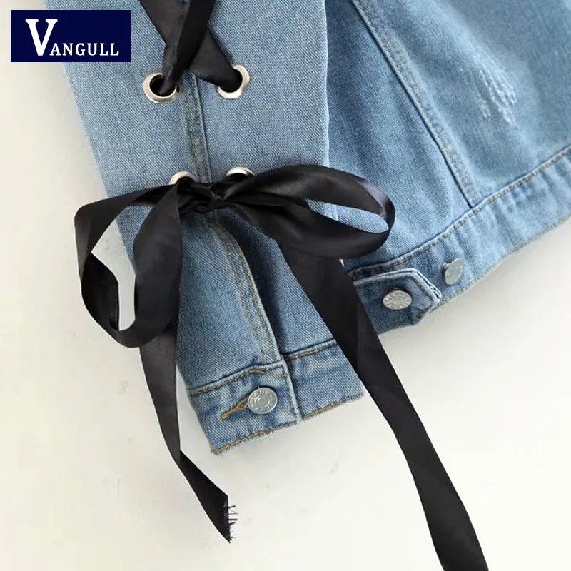 incredible  Spring Blue Lace Up Lattice Eyelets Back Classic Basic Denim Jacket New Style Single Breasted Casua
