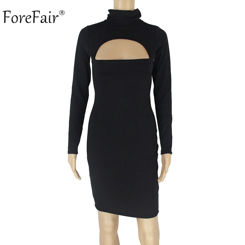 ForeFair, осень, длинный рукав, водолазка, вечерние платья, для женщин,, женское, Открытая грудь, мини, облегающее платье, черное, серое, зимнее, сексуальное платье - Цвет: black
